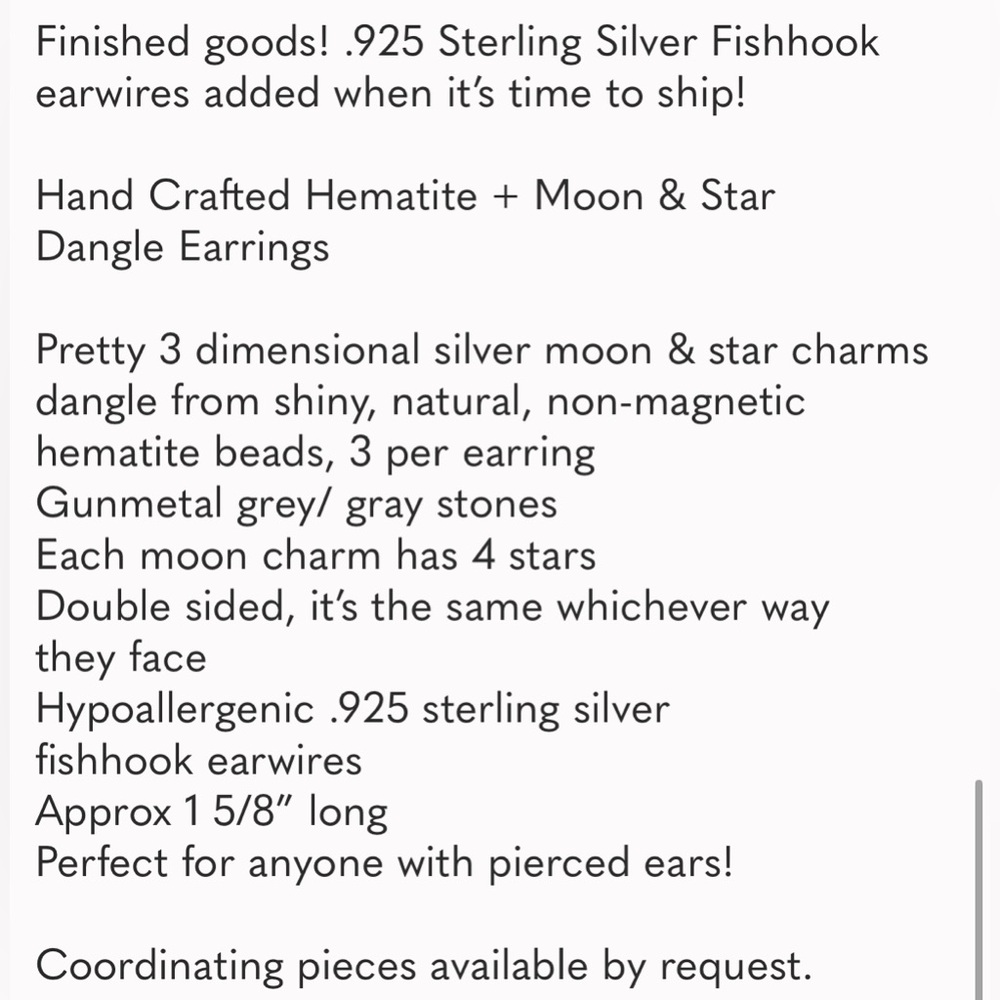 Hand Crafted Earrings Hematite Moon & Star Dangle Pierced Silver Gray Grey - Picture 9 of 9